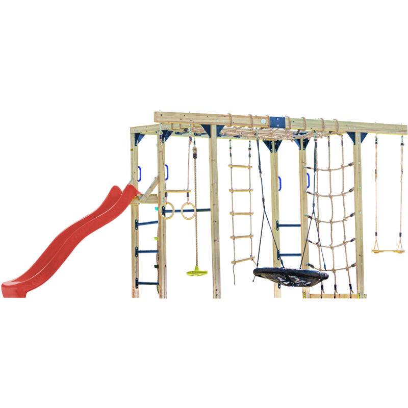 Boris Aire de Jeux en Bois/Structure d'escalade en Bois, Toboggan Rouge - Balançoires, Trapèze, Cordes d'escalade et Barres de singe Jeux en Bois