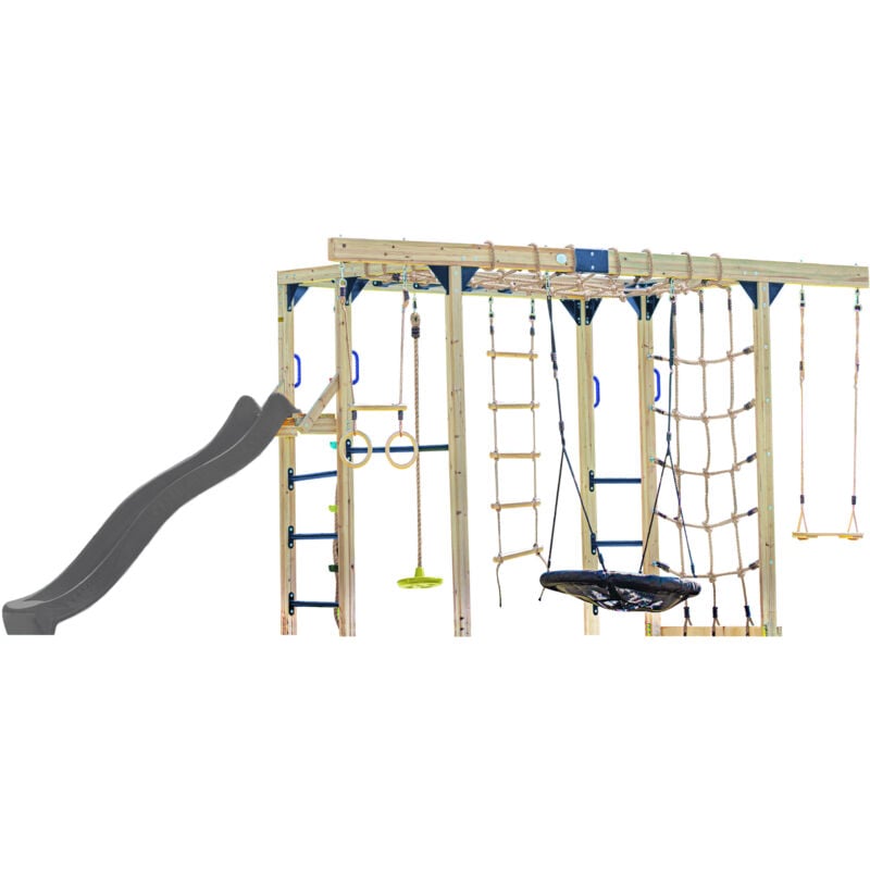 Boris Aire de Jeux en Bois/Structure d'escalade en Bois, Toboggan Gris - Balançoires, Trapèze, Cordes d'escalade et Barres de singe Jeux en Bois