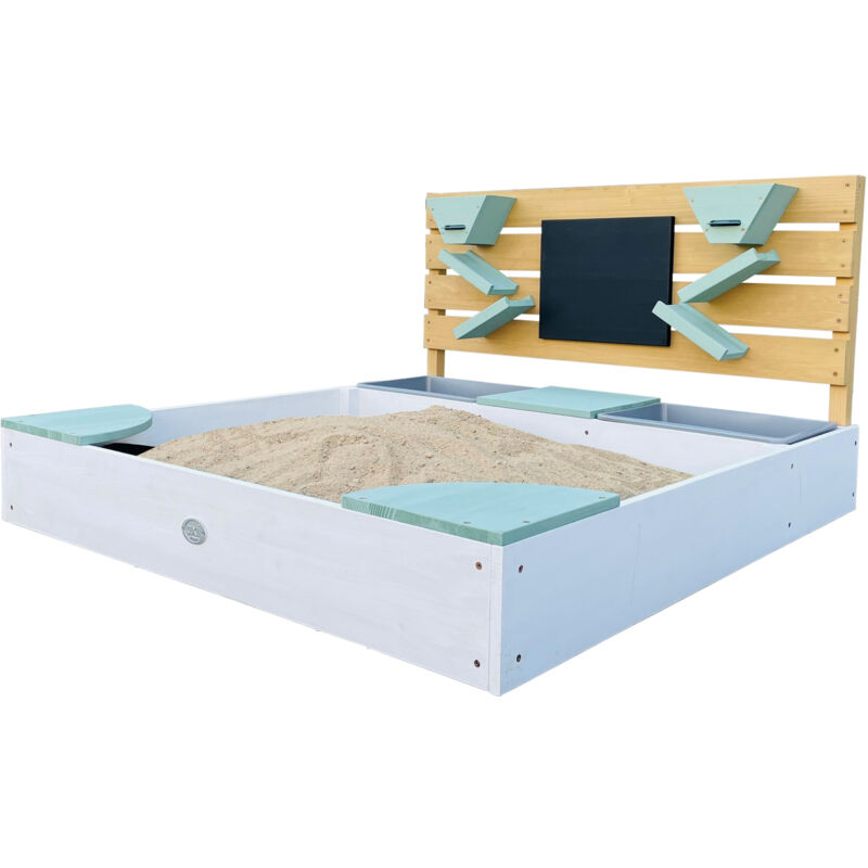 Bac à sable en bois FSC avec bassin d'eau et mur de jeu – Jouets de sable, tableau à craie, entonnoirs – Couverture et toile de sol incluses – AXI