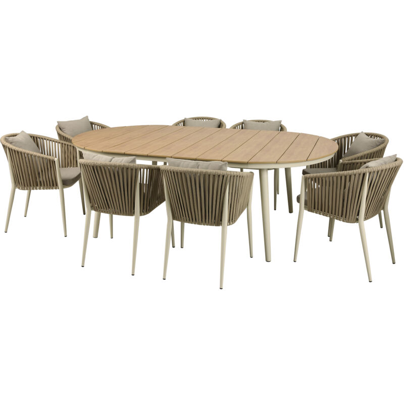 Chay Ensemble de jardin avec 8 chaises beiges pour 8 personnes Ensemble de jardin en Polywood aspect bois, chaises avec rembourrage en polyester