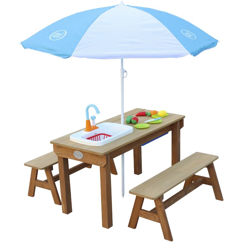 Dennis Table Sable et Eau en Bois Marron Table d'eau avec couvercle, boîtes de rangement, parasol & jeu évier de cuisine Table de Jeu Enfant à Eau