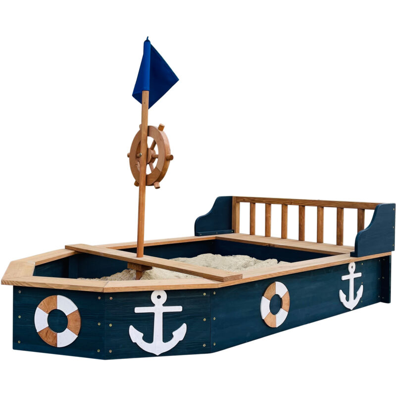 AXI – Bac à sable bateau en bois 153 x 90 x 100 cm – Avec gouvernail rotatif et toile de fond – Pour enfants à partir de 3 ans