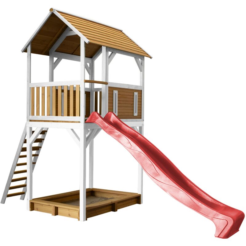 AXI - Dory Maison Enfant avec Bac à Sable & Toboggan Rouge | Aire de Jeux pour l'extérieur en blanc & marron| Maisonnette / Cabane de Jeu en Bois fsc
