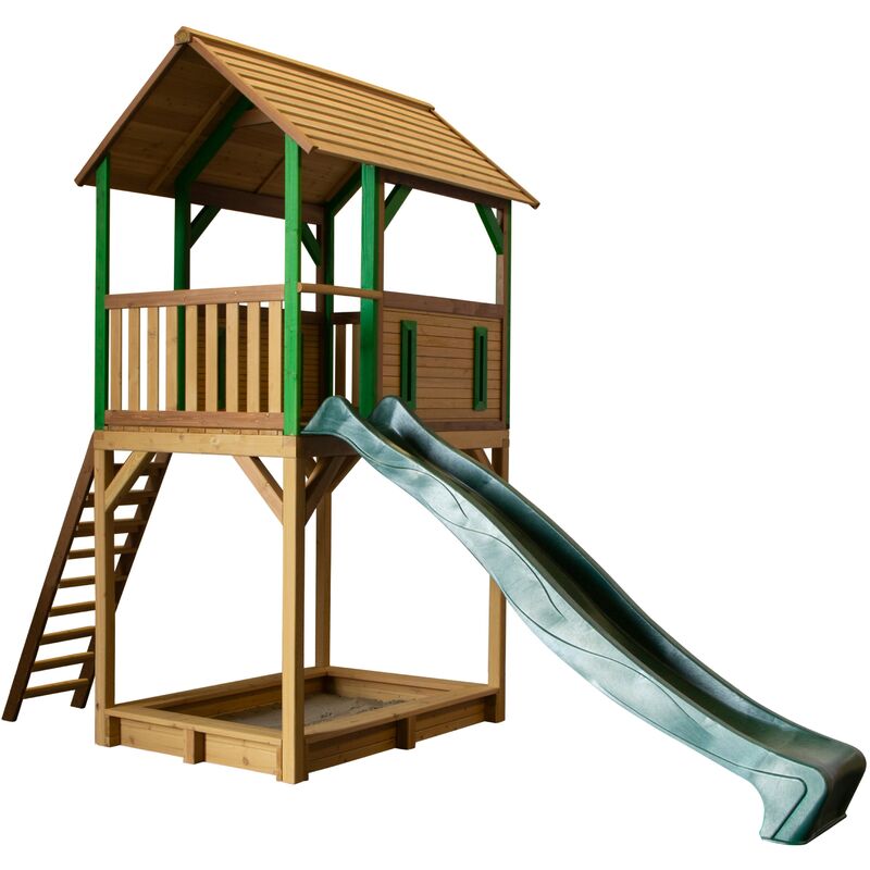 Dory Maison Enfant avec Bac à Sable & Toboggan Vert | Aire de Jeux pour l'extérieur en marron & vert | Maisonnette / Cabane de Jeu en Bois fsc
