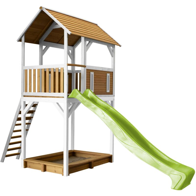 Dory Maison Enfant avec Bac à Sable & Toboggan Vert clair | Aire de Jeux pour l'extérieur en blanc & marron| Maisonnette / Cabane de Jeu en Bois fsc