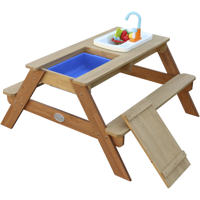 AXI Emily Table Sable et Eau en Bois Marron | Table d'eau avec couvercle, boîtes de rangement & jeu évier de cuisine | Table de Jeu Enfant à Eau pour