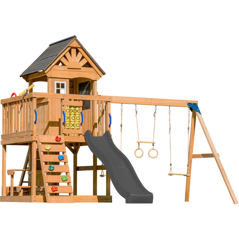 AXI - Jack Aire de Jeux en Bois avec 2 Balançoires, Toboggan Gris / Aire de Jeux Extérieur, Bac à Sable, Trapèze/Mur d'escalade Portique