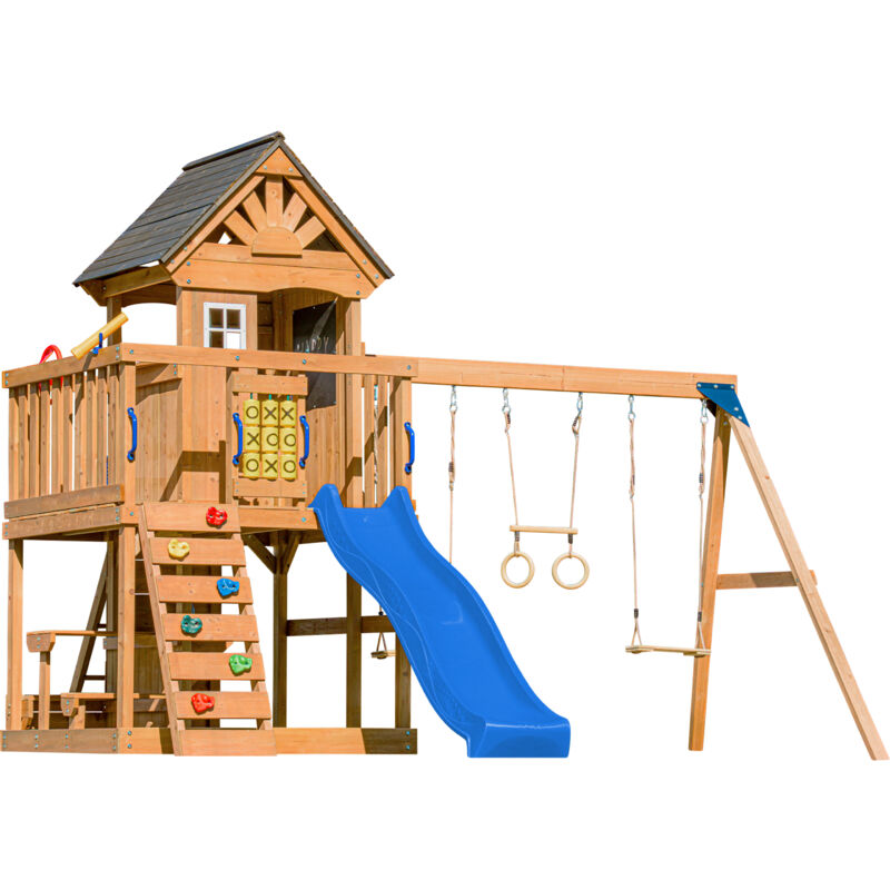 AXI - Jack Aire de Jeux en Bois avec 2 Balançoires, Toboggan Bleu / Aire de Jeux Extérieur, Bac à Sable, Trapèze/Mur d'escalade Portique