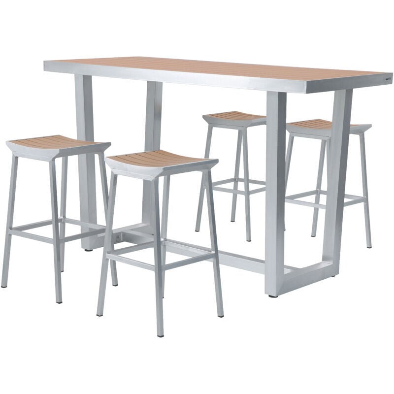 AXI - James Mange debout table haute avec 4 tabourets Aluminium, aspet Bois Table Haute et Bar avec Tabouret de bar - 5-pièces bar pour l'extérieur /