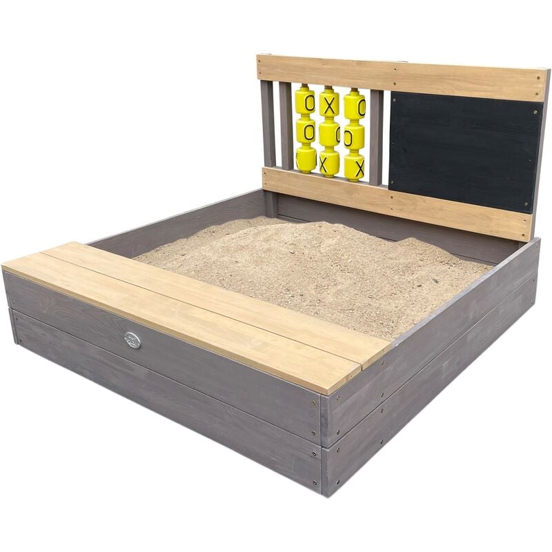 Kitty Bac à sable en bois avec banc, espace de rangement, jeux du morpion Bac à sable en anthracite et marron avec tapis de sol 100 x 100 cm - Gris,