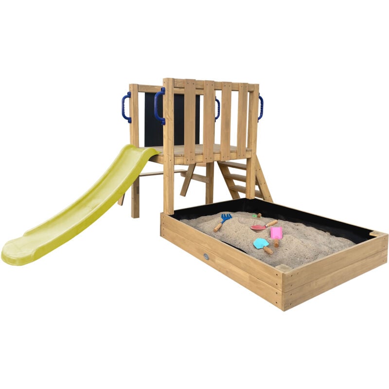 AXI Leah Aire de Jeux Mini en Bois avec Toboggan Vert / Aire de jeux extérieur, bac à sable, cuisine de jeu et tableau noir Jeux en Bois Extérieur