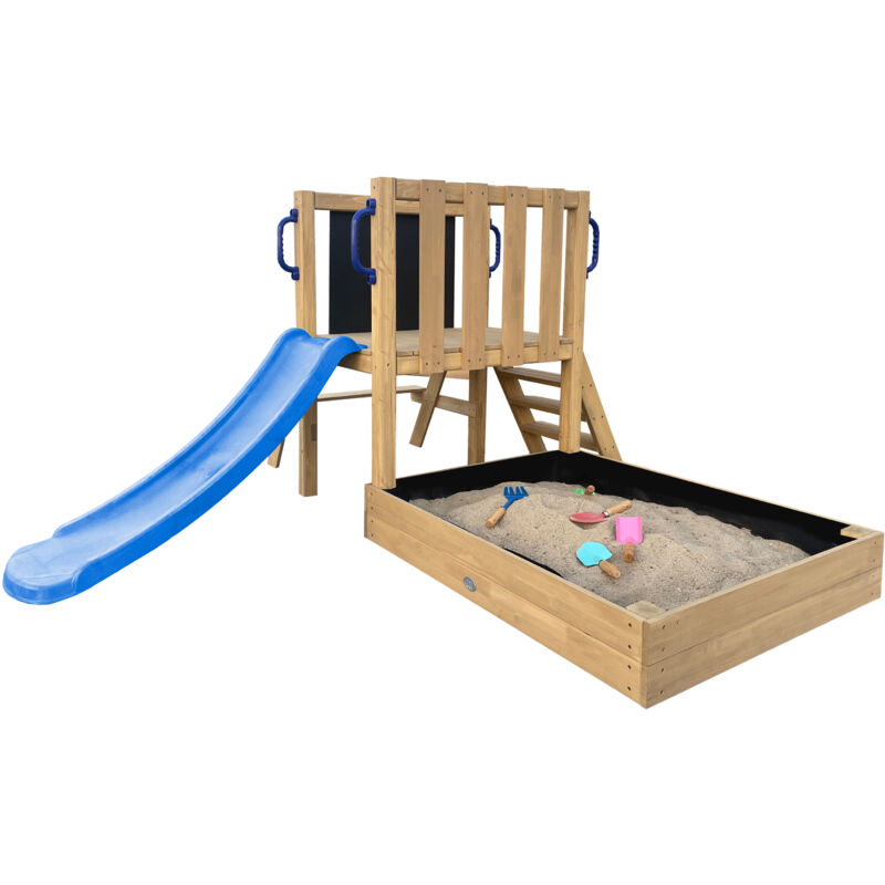 AXI - Leah Aire de Jeux Mini en Bois avec Toboggan Bleu / Aire de jeux extérieur, bac à sable, cuisine de jeu et tableau noir Jeux en Bois Extérieur