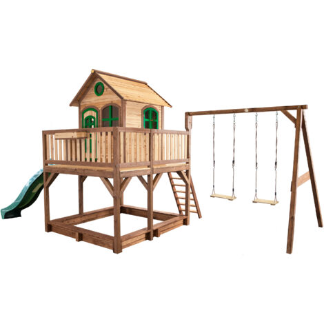 Axi Liam Maison Enfant Avec Bac À Sable, Balançoire 2 Agrès & Toboggan Vert  Aire De Jeux Pour L'Extérieur En Marron & Vert  Maisonnette / Cabane De Jeu En Bois Fsc