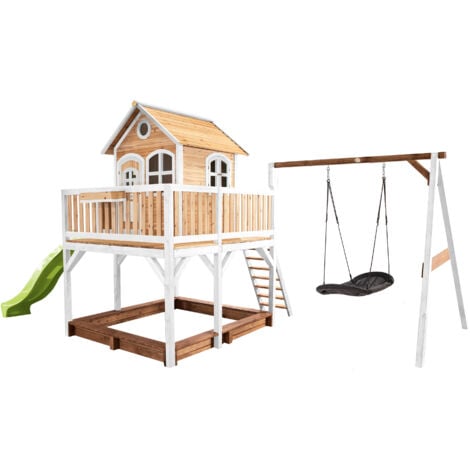 AXI Liam Maison Enfant avec Bac à Sable, Balançoire Nid d’Oiseau Noir & Toboggan Vert clair  Aire de Jeux pour l'extérieur en marron & Blanc  Maisonnette / Cabane de Jeu en Bois FSC