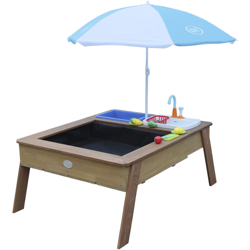 Linda Table Sable et Eau avec cuisine de jeux en Bois Table d'eau en marron avec Parasol Table de Jeu Enfant à Eau pour le jardin - AXI