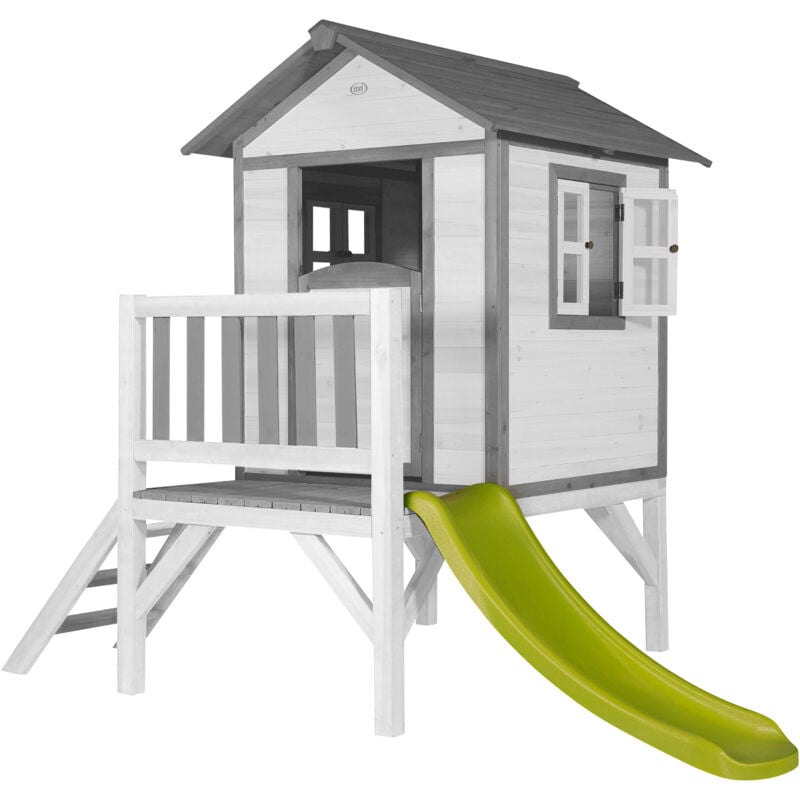AXI - Maison Enfant Beach Lodge xl en Blanc avec toboggan en Vert clair Maison de Jeux en bois ffc pour les enfants Maisonnette / Cabane de jeu pour