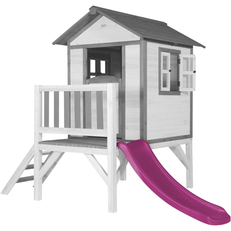 AXI Maison Enfant Beach Lodge XL Blanc avec Toboggan Violet Maison de Jeux en Bois FFC pour Les Enfants Maisonnette / Cabane en Bois