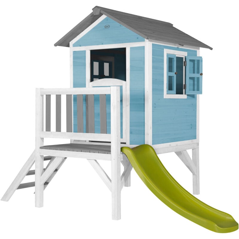 Maison Enfant Beach Lodge xl en Bleu avec toboggan en Vert clair Maison de Jeux en bois ffc pour les enfants Maisonnette / Cabane de jeu pour le