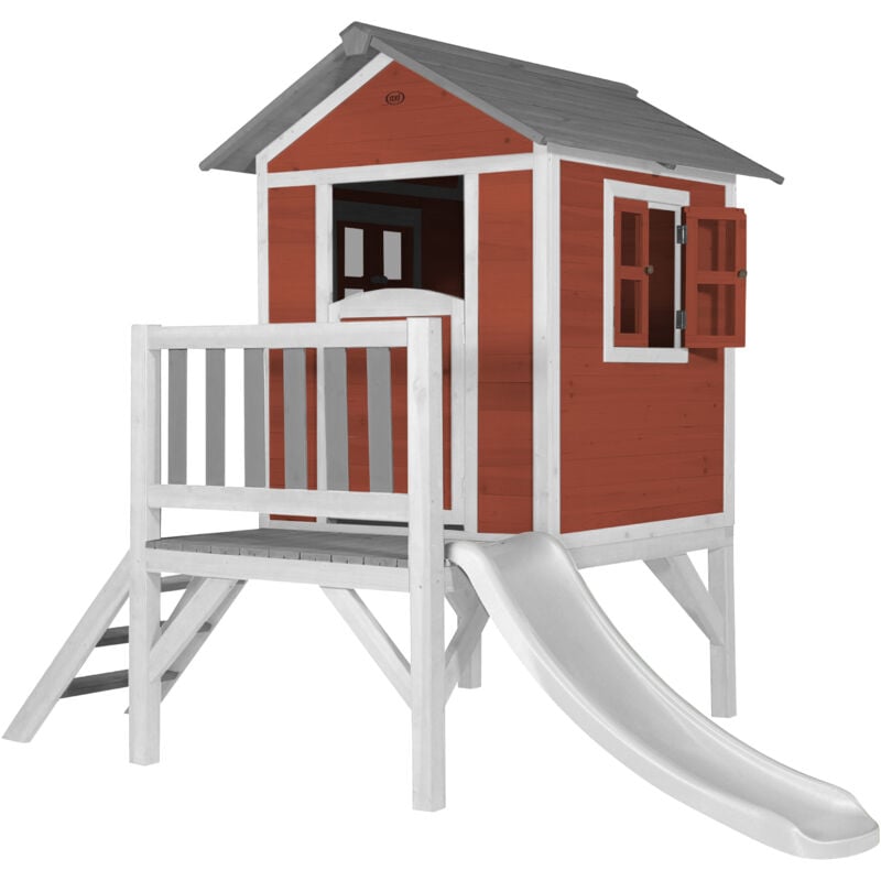 Maison Enfant Beach Lodge xl en Rouge avec Toboggan en Blanc Maison de Jeux en bois ffc pour les enfants Maisonnette / Cabane de jeu pour le jardin