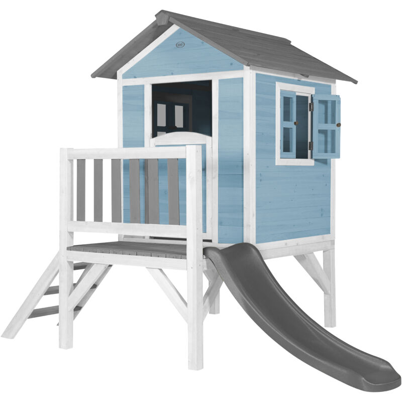 Maison Enfant Beach Lodge xl en Bleu avec Toboggan en Gris Maison de Jeux en Bois ffc pour Les Enfants Maisonnette / Cabane de Jeu pour Le Jardin