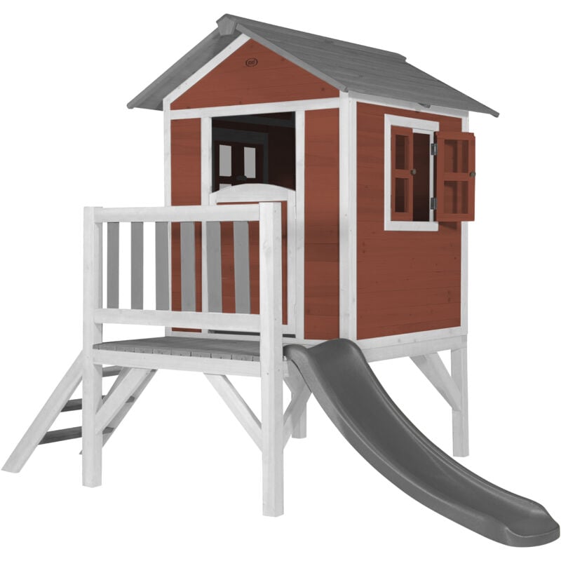 Maison Enfant Beach Lodge xl en Rouge avec Toboggan en Gris Maison de Jeux en Bois ffc pour Les Enfants Maisonnette / Cabane de Jeu pour Le Jardin