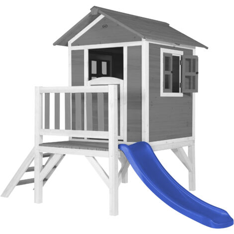 AXI Maison Enfant Beach Lodge XL en Gris avec Toboggan en Bleu Maison de Jeux en Bois FFC pour les Enfants Maisonnette / Cabane en Bois - Gris