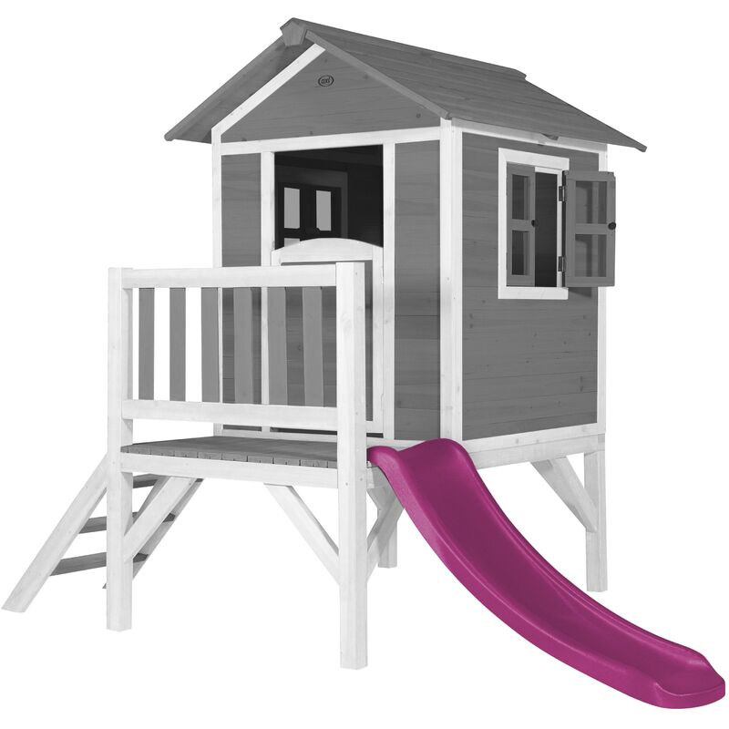 Maison Enfant Beach Lodge xl en Gris avec Toboggan en Violet Maison de Jeux en Bois ffc pour Les Enfants Maisonnette / Cabane de Jeu pour Le Jardin