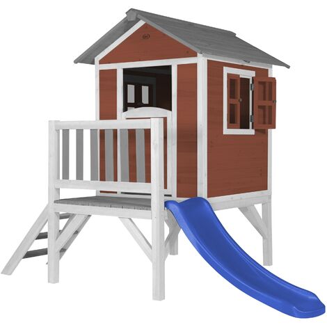 AXI Maison Enfant Beach Lodge XL en Rouge avec Toboggan Bleu Maison de Jeux en Bois FFC pour Les Enfants Maisonnette / Cabane en Bois - Rouge