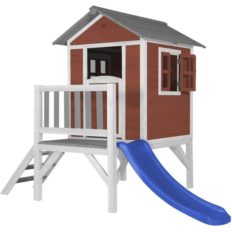 AXI - Maison Enfant Beach Lodge xl en Rouge avec Toboggan en Bleu | Maison de Jeux en Bois ffc pour Les Enfants | Maisonnette / Cabane de Jeu pour Le