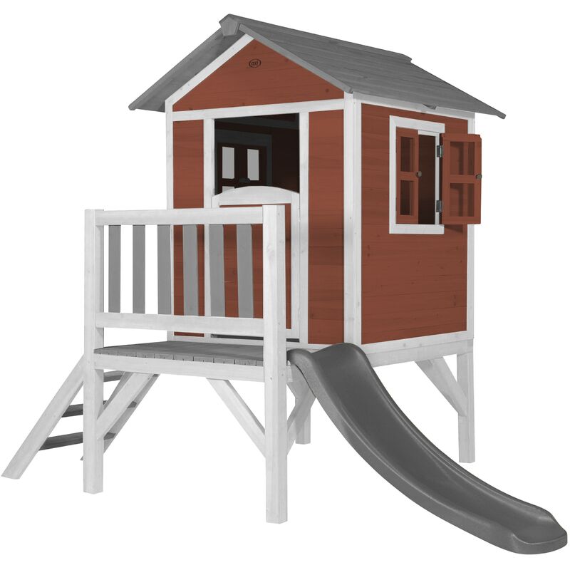 AXI - Maison Enfant Beach Lodge xl en Rouge avec Toboggan en Gris | Maison de Jeux en Bois ffc pour Les Enfants | Maisonnette / Cabane de Jeu pour Le