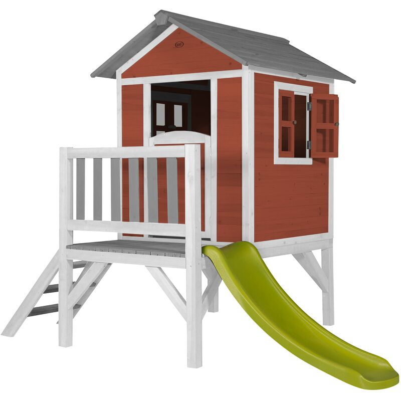 AXI - Maison Enfant Beach Lodge xl en Rouge avec toboggan en vert clair | Maison de Jeux en bois ffc pour les enfants | Maisonnette / Cabane de jeu