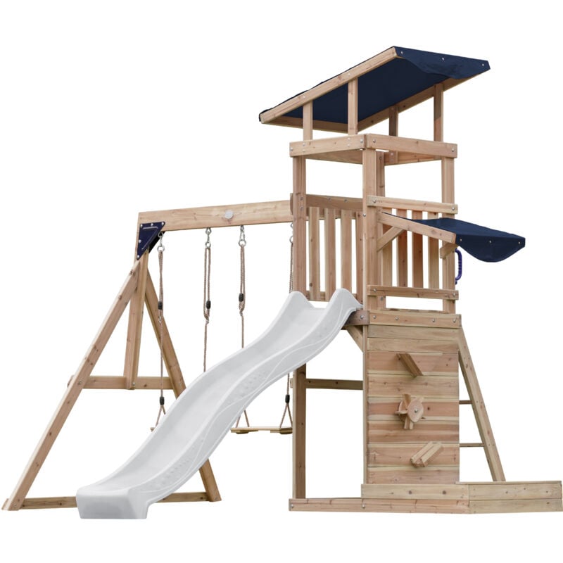 Malik Aire de Jeux en Bois avec 2 Balançoires, Toboggan Blanc/ Aire de Jeux Extérieur, Bac à Sable, Mûr de Jeux/Toboggan avec raccordement à eau