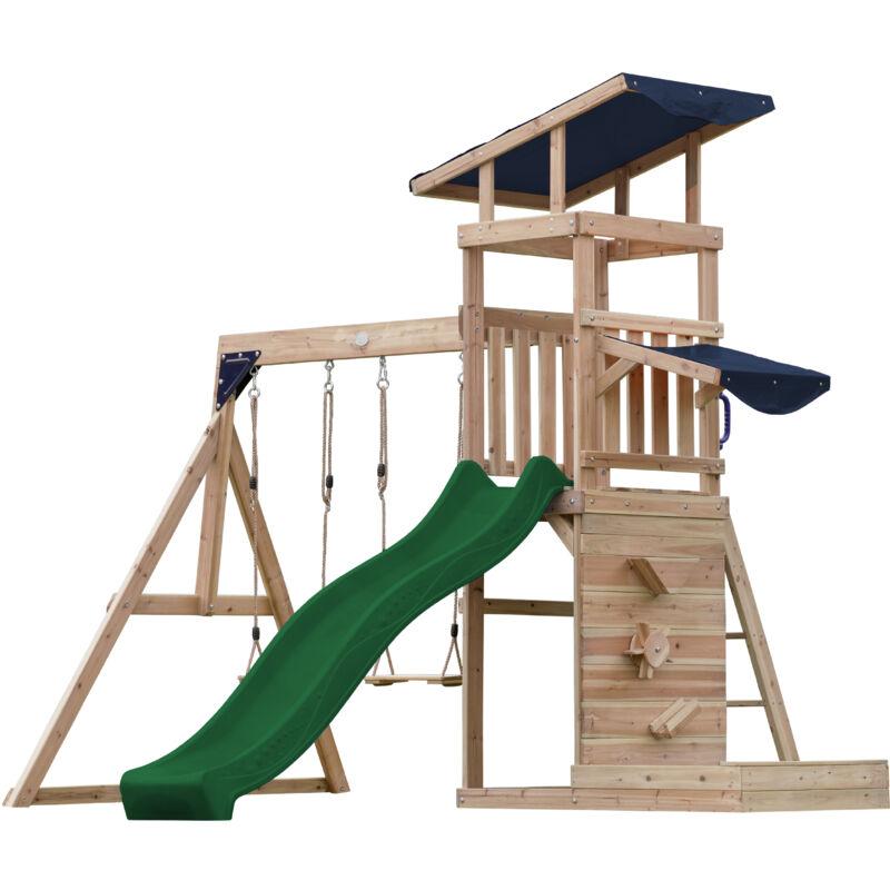 Malik Aire de Jeux en Bois avec 2 Balançoires, Toboggan Vert/ Aire de Jeux Extérieur, Bac à Sable, Mûr de Jeux/Toboggan avec raccordement à eau