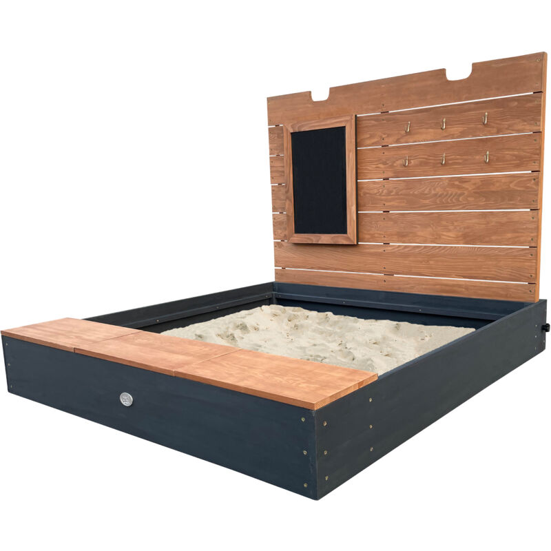 AXI - Mandy xl Bac à sable en bois avec banc, espace de rangement, couvercle et tableau noir Bac à sable en anthracite et marron avec tapis de sol