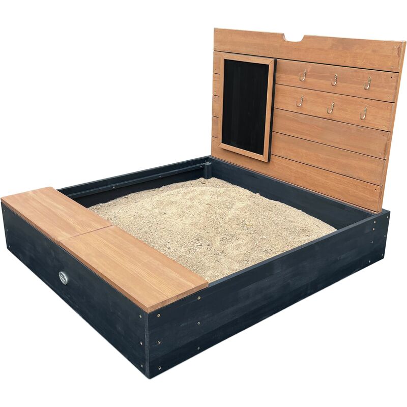 Mandy Sandbox en bois avec banc, espace de rangement, couvercle et tableau noir Bac à sable en anthracite et marron avec tapis de sol 100 x 90 cm