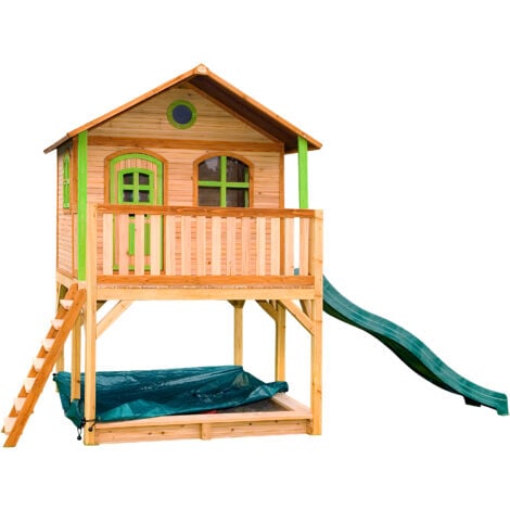 AXI Marc Maison Enfant avec Bac à Sable & Toboggan Vert  Aire de Jeux pour l'extérieur en marron & Vert  Maisonnette / Cabane de Jeu en Bois FSC