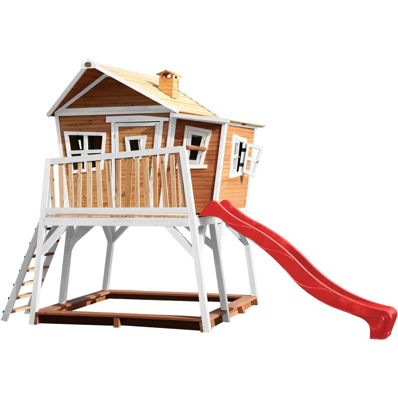AXI - Max Maison Enfant avec Bac à Sable & Toboggan Rouge Aire de Jeux pour l'extérieur en marron & blanc Maisonnette / Cabane de Jeu en Bois fsc