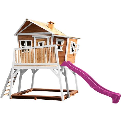 AXI Max Maison Enfant avec Bac à Sable & Toboggan Violet Aire de Jeux pour l'extérieur en marron & blanc Maisonnette / Cabane de Jeu en Bois FSC - Marron