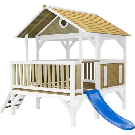 AXI Meeko Maison Enfant avec Toboggan Bleu Aire de Jeux pour l'extérieur en marron & blanc Maisonnette / Cabane de Jeu en Bois FSC - Marron