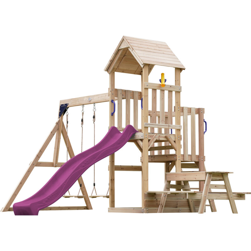 Mette Aire de Jeux en Bois avec 2 Balançoires, toboggan violet, Table de Pique Nique / Aire de Jeux Extérieur avec balançoires/ bac à sable/téléscope