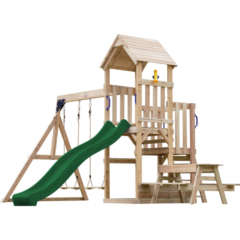 Mette Aire de Jeux en Bois avec 2 Balançoires, toboggan bleu, Table de Pique Nique / Aire de Jeux Extérieur avec balançoires/ bac à sable/téléscope