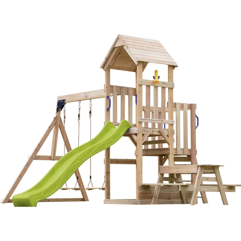 Mette Aire de Jeux en Bois avec 2 Balançoires, Toboggan Vert citron, Table de Pique Nique/Aire de Jeux Extérieur avec bac à sable/téléscope Portique