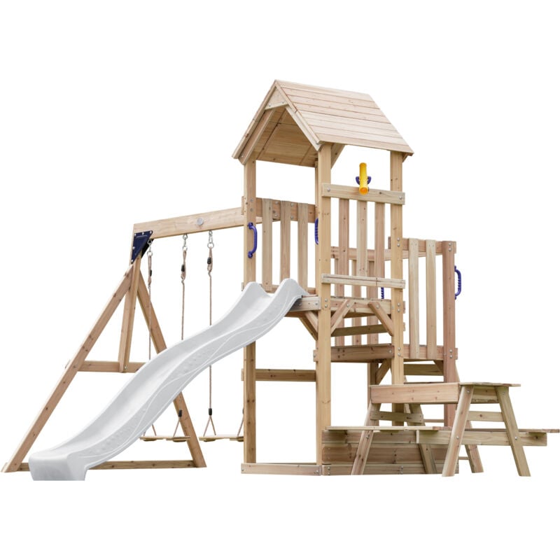 Mette Aire de Jeux en Bois avec 2 Balançoires, toboggan Blanc, Table de Pique Nique / Aire de Jeux Extérieur avec balançoires/ bac à sable/téléscope