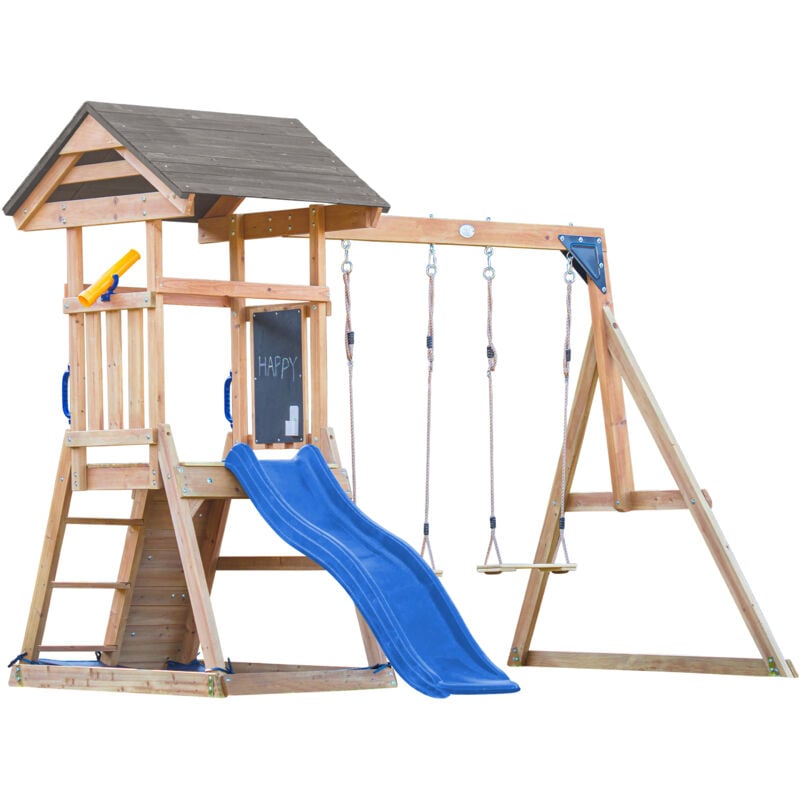 Mia Aire de Jeux en Bois avec 2 Balançoires, Toboggan Bleu/ Aire de Jeux Extérieur, Bac à Sable, Mur d'escalade Portique Balançoire/Jeux en Bois