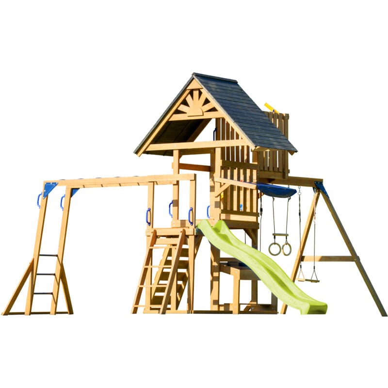 Mitch Aire de Jeux en Bois avec 2 Balançoires, Toboggan Jaune / Aire de Jeux Extérieur, Bac à Sable, Trapèze/Mur d'escalade Portique Balançoire/Jeux