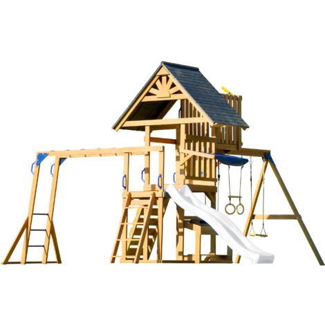 Axi Mitch Aire De Jeux En Bois Avec 2 Balançoires, Toboggan Blanc / Extérieur, Bac À Sable, Trapèze/Mur D'Escalade  Portique