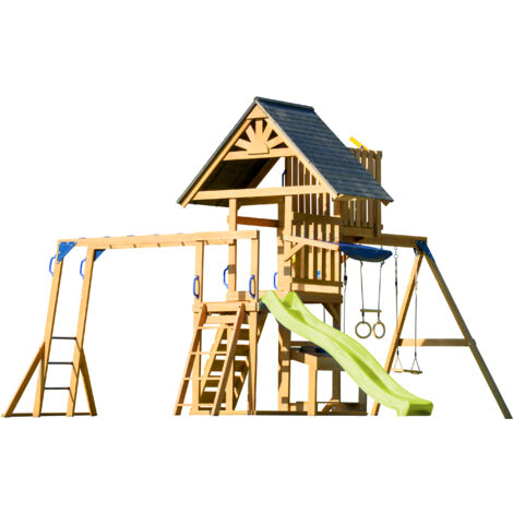 Axi Mitch Aire De Jeux En Bois Avec 2 Balançoires, Toboggan Jaune / Extérieur, Bac À Sable, Trapèze/Mur D'Escalade  Portique