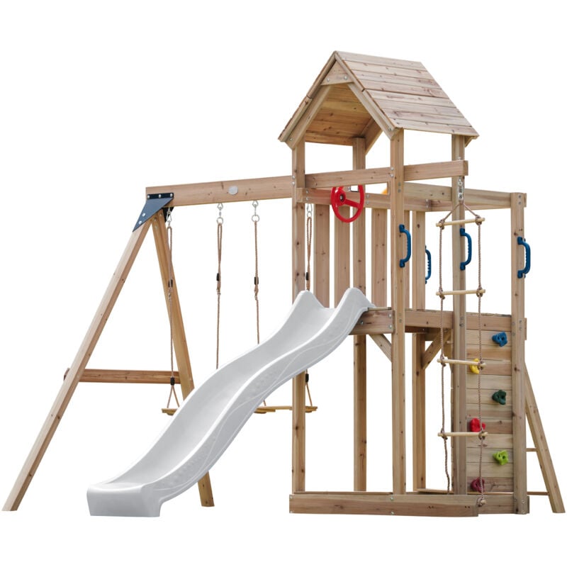Moos Aire de Jeux en Bois avec 2 Balançoires, toboggan Blanc, Echelle en Corde / Aire de Jeux Extérieur avec balançoires/ bac à sable/mur d'escalade