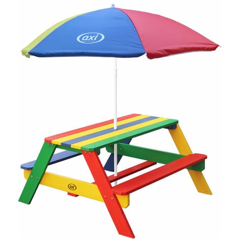 AXI Nick Kinder Picknicktisch aus Holz Kindertisch in Regenbogen Farben mit Sonnenschirm für den Garten - Blau