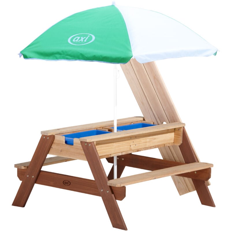 AXI Nick Table Sable et Eau / Table Pique Nique avec Parasol, Bois Marron Table Jeux d'eau avec Couvercle, Boîtes de Rangement & Parasol Table d eau